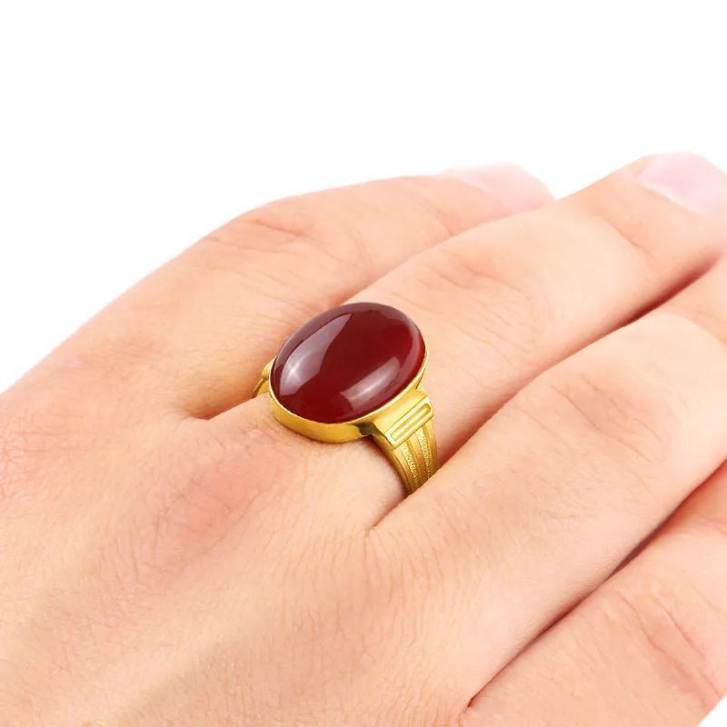 10k Gold Men's Ring with Red Agate Stone Ring for Men