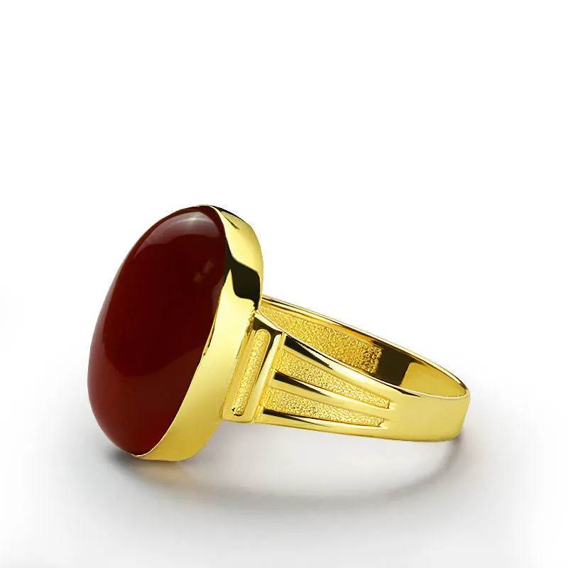 10k Gold Men's Ring with Red Agate Stone Ring for Men