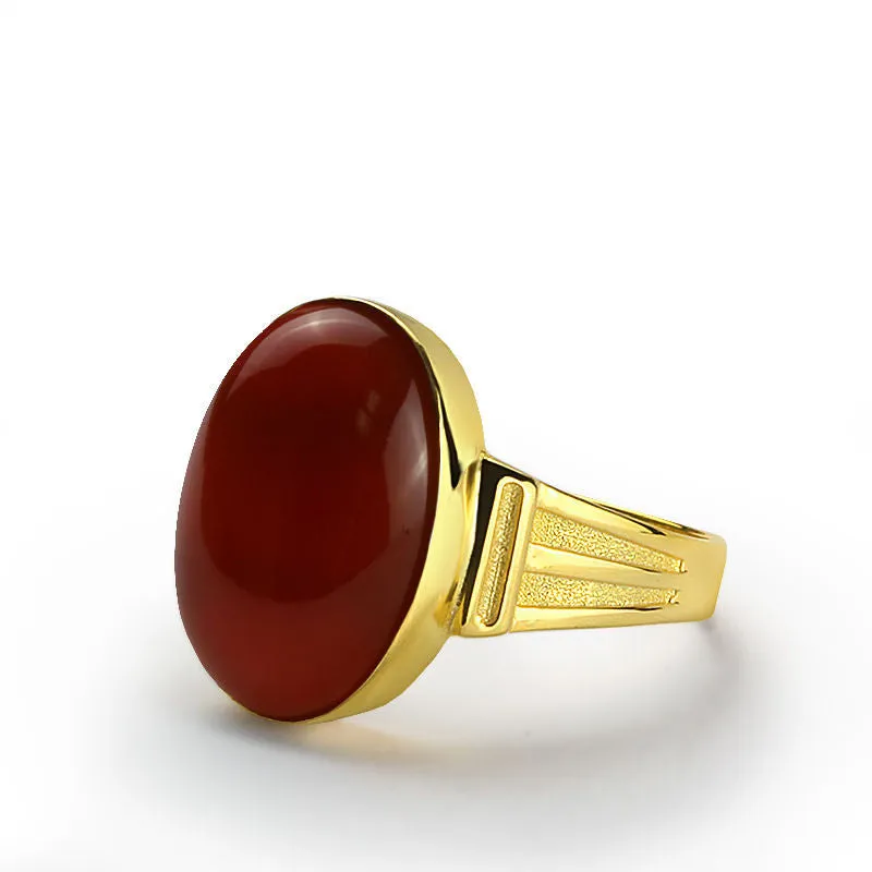 10k Gold Men's Ring with Red Agate Stone Ring for Men