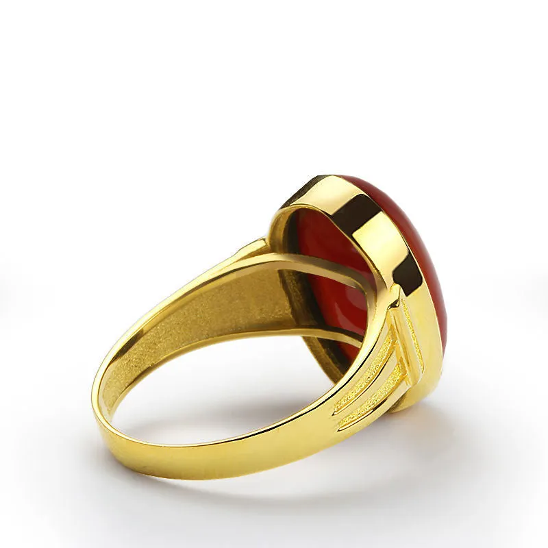 10k Gold Men's Ring with Red Agate Stone Ring for Men