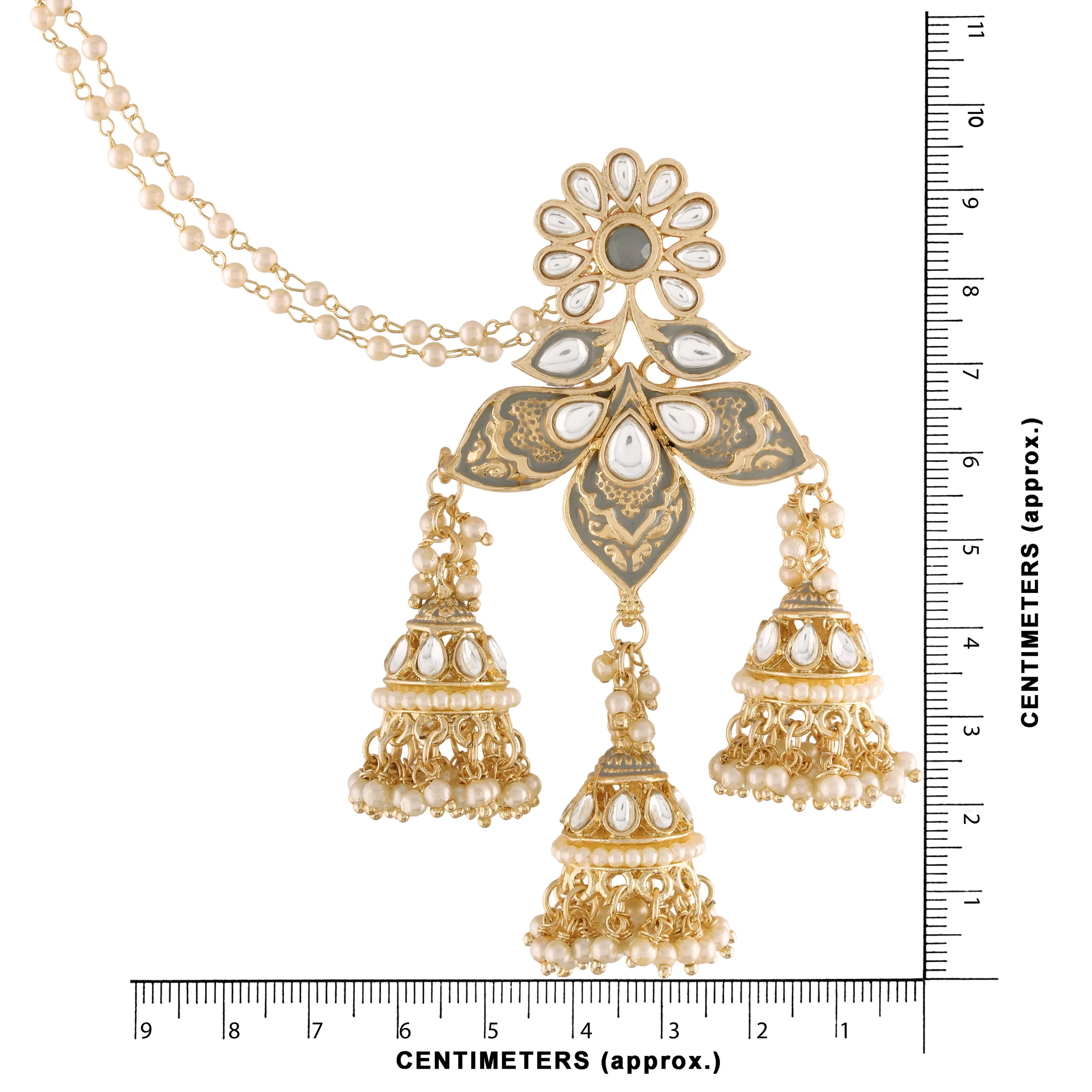 18K Gold Plated Intricately Designed Traditional with Detachable Hair Chain Encased With Kundans & Pearls Jumka Earrings For Women