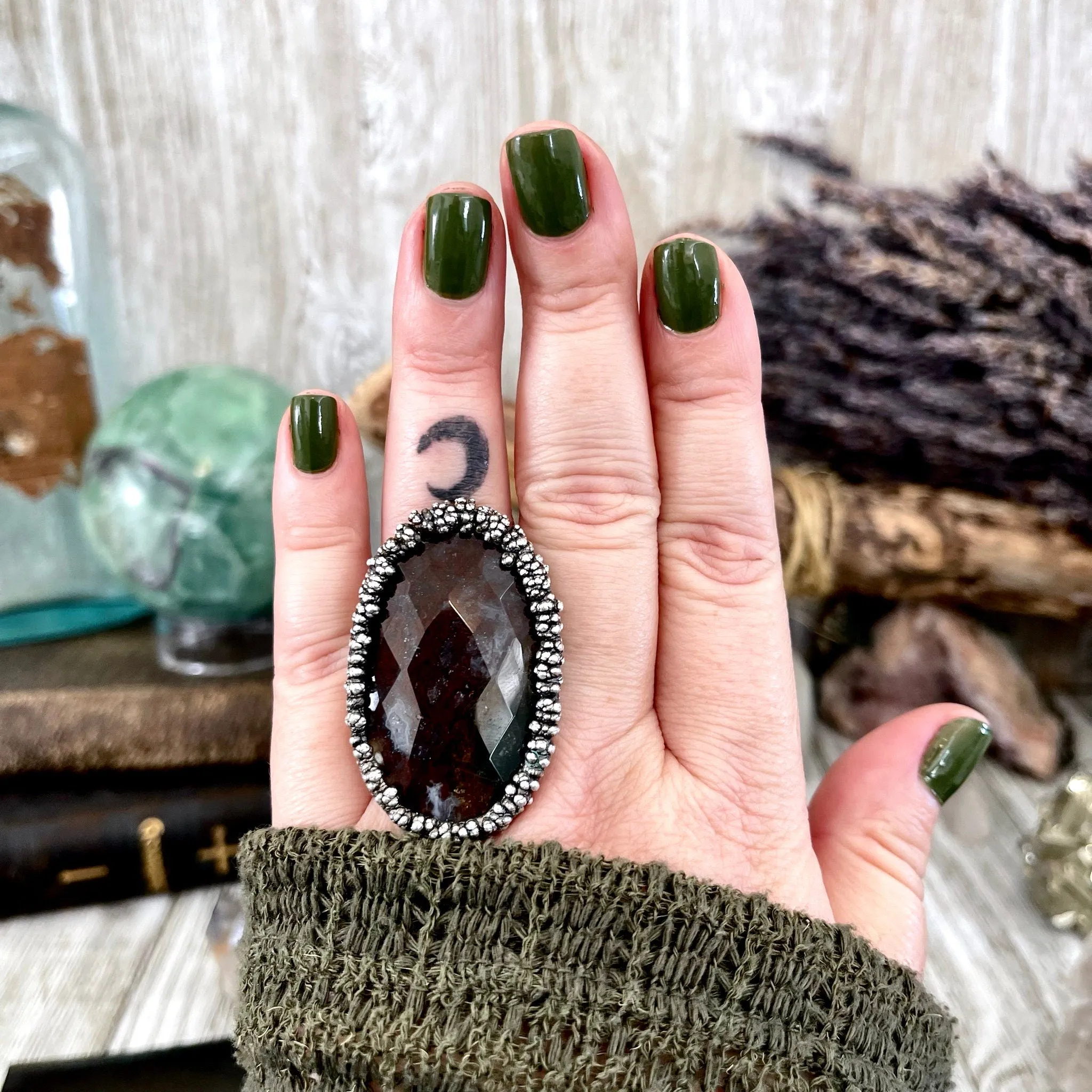 Big Size 8 Silver Natural Fancy Moss Agate Crystal Statement Ring / Foxlark Collection - One of a Kind