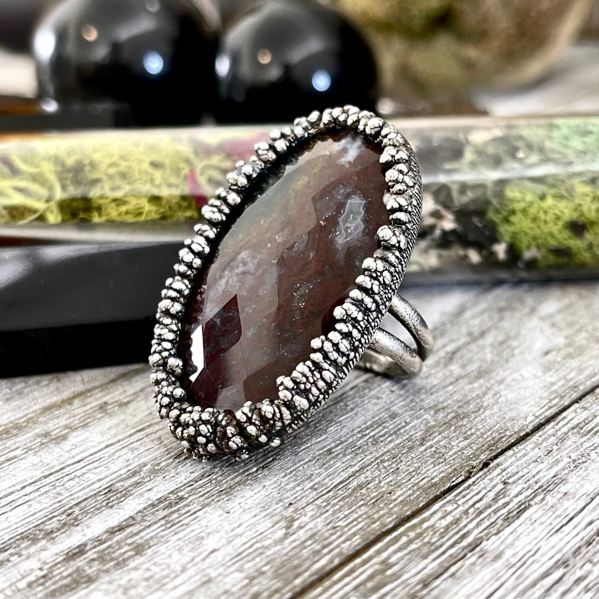 Big Size 8 Silver Natural Fancy Moss Agate Crystal Statement Ring / Foxlark Collection - One of a Kind