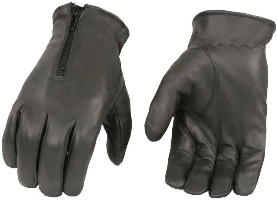 Black Leather Unlined Zip Gloves