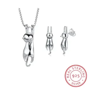 Bridal Jewelry™ 925 Sterling Silver Cute Cat Earrings & Long Chain Necklace