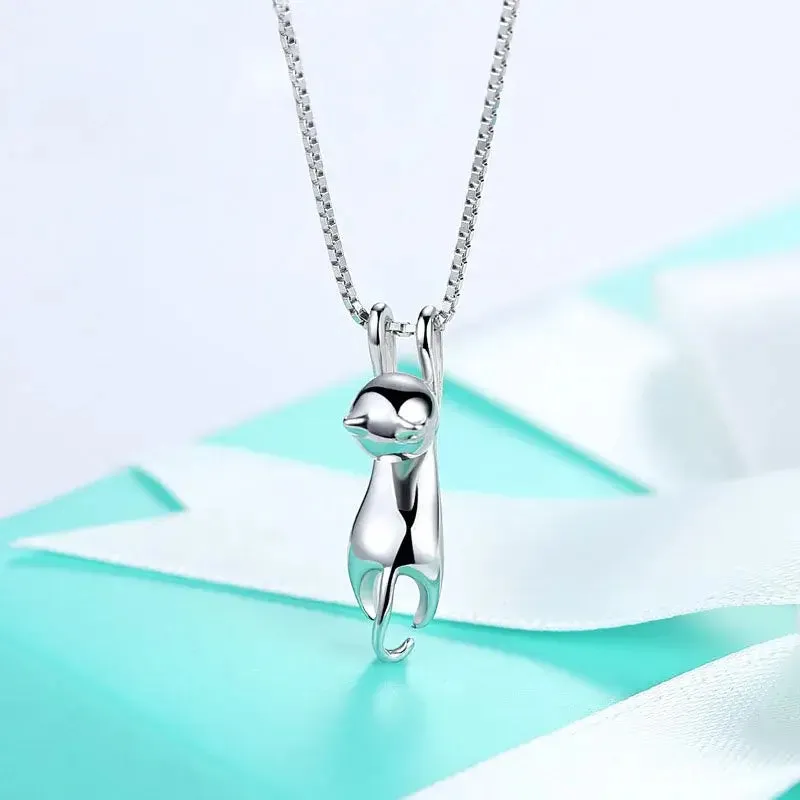 Bridal Jewelry™ 925 Sterling Silver Cute Cat Earrings & Long Chain Necklace