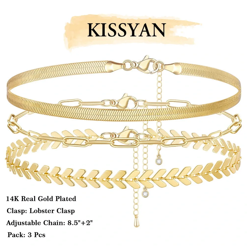 Dainty 14k Gold Plated Layering Anklets Bracelets Set- Fishbone & Paperclip & Snake