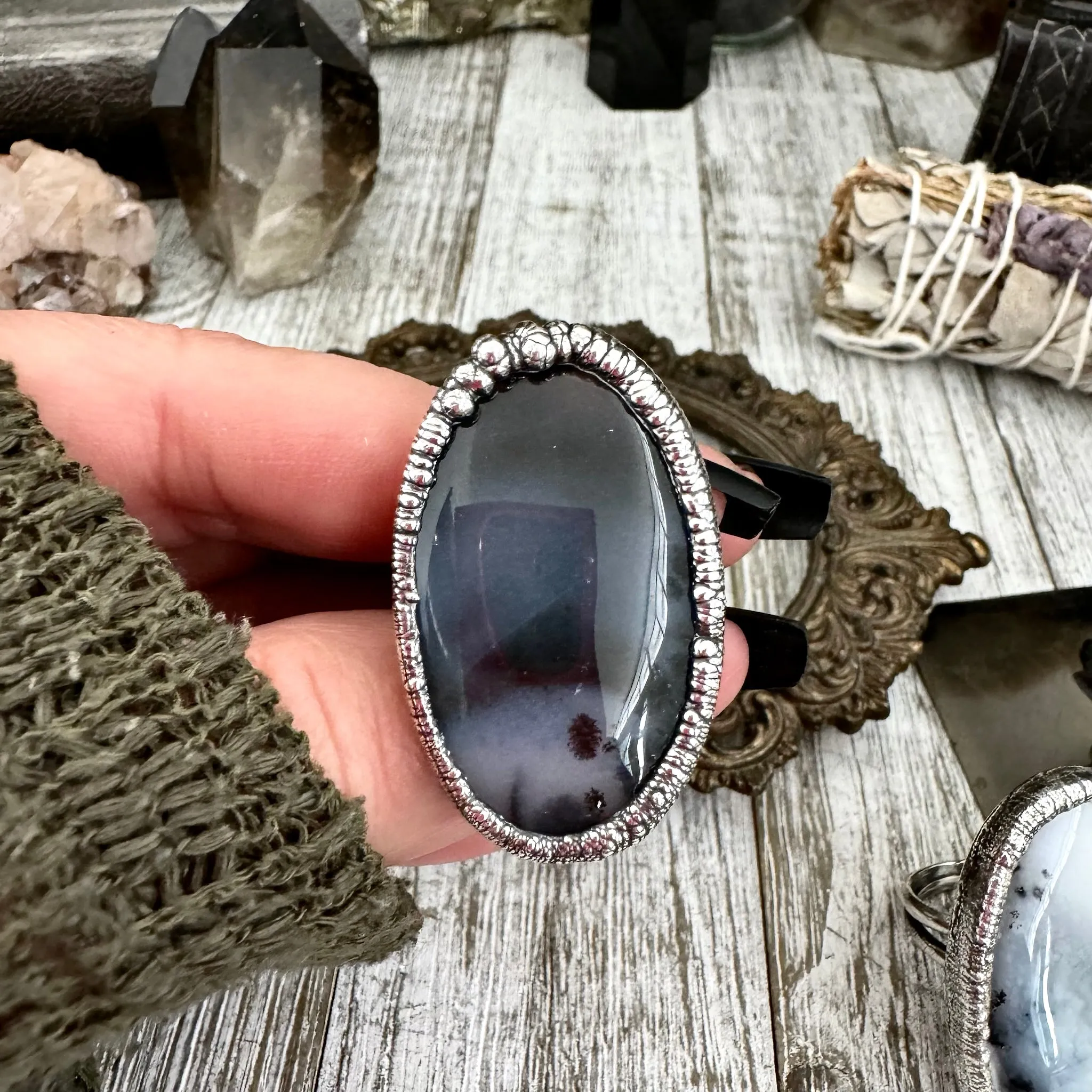 Dendritic Agate Statement Ring Silver Size 8 9 10 / Foxlark Collection