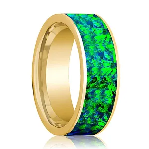 Emerald Green and Sapphire Blue Opal Inlay Men's 14k Yellow Gold Flat Wedding Band Polished