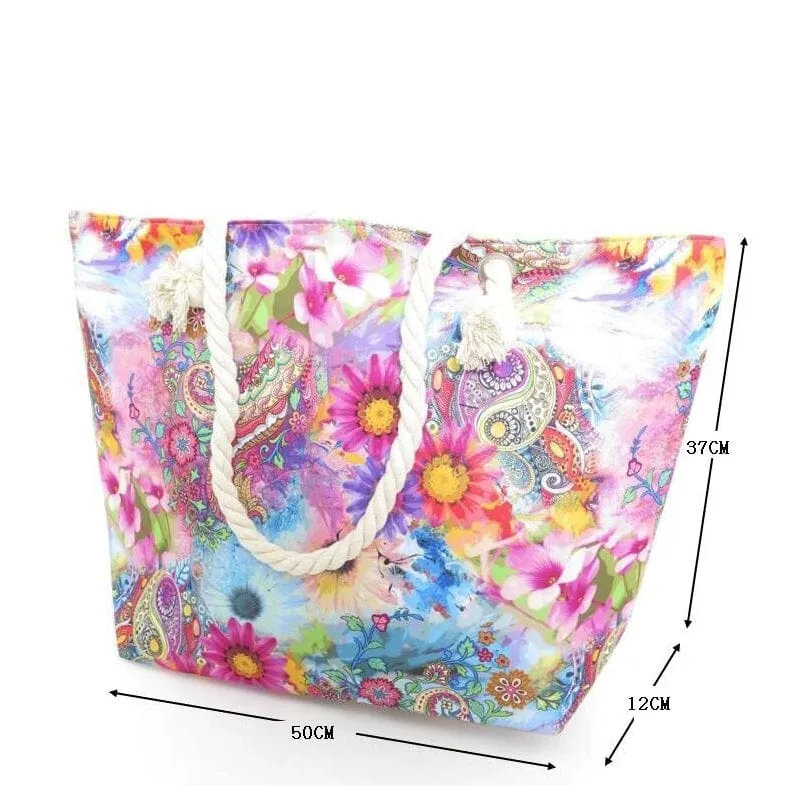 Flower Paisley  Painted Canvas Tote Bag With Rope Handle (12 units)