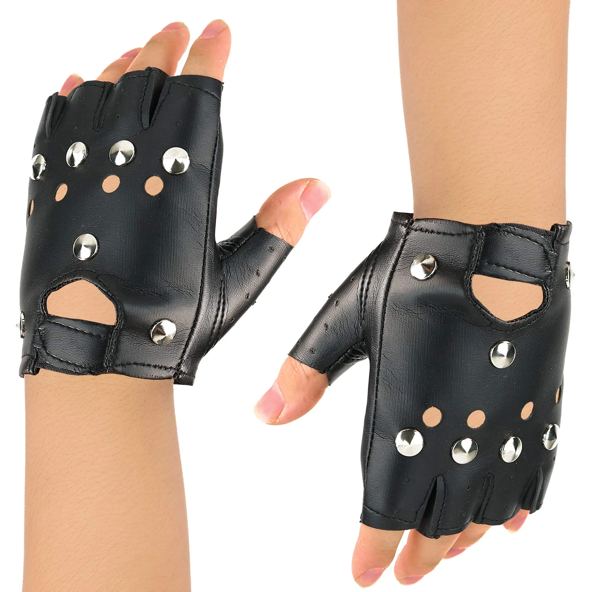 Gothic Fingerless Biker Gloves - 80s Style Black Leather Punk Biker Gloves with Studs for Men Women and Kids