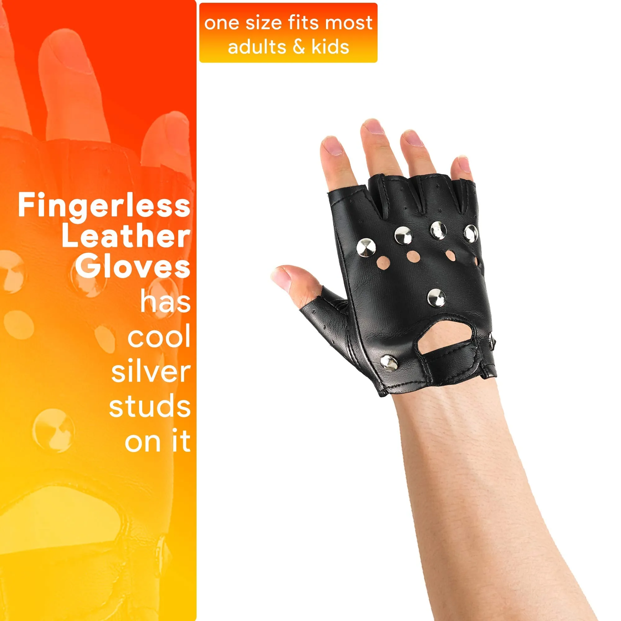 Gothic Fingerless Biker Gloves - 80s Style Black Leather Punk Biker Gloves with Studs for Men Women and Kids