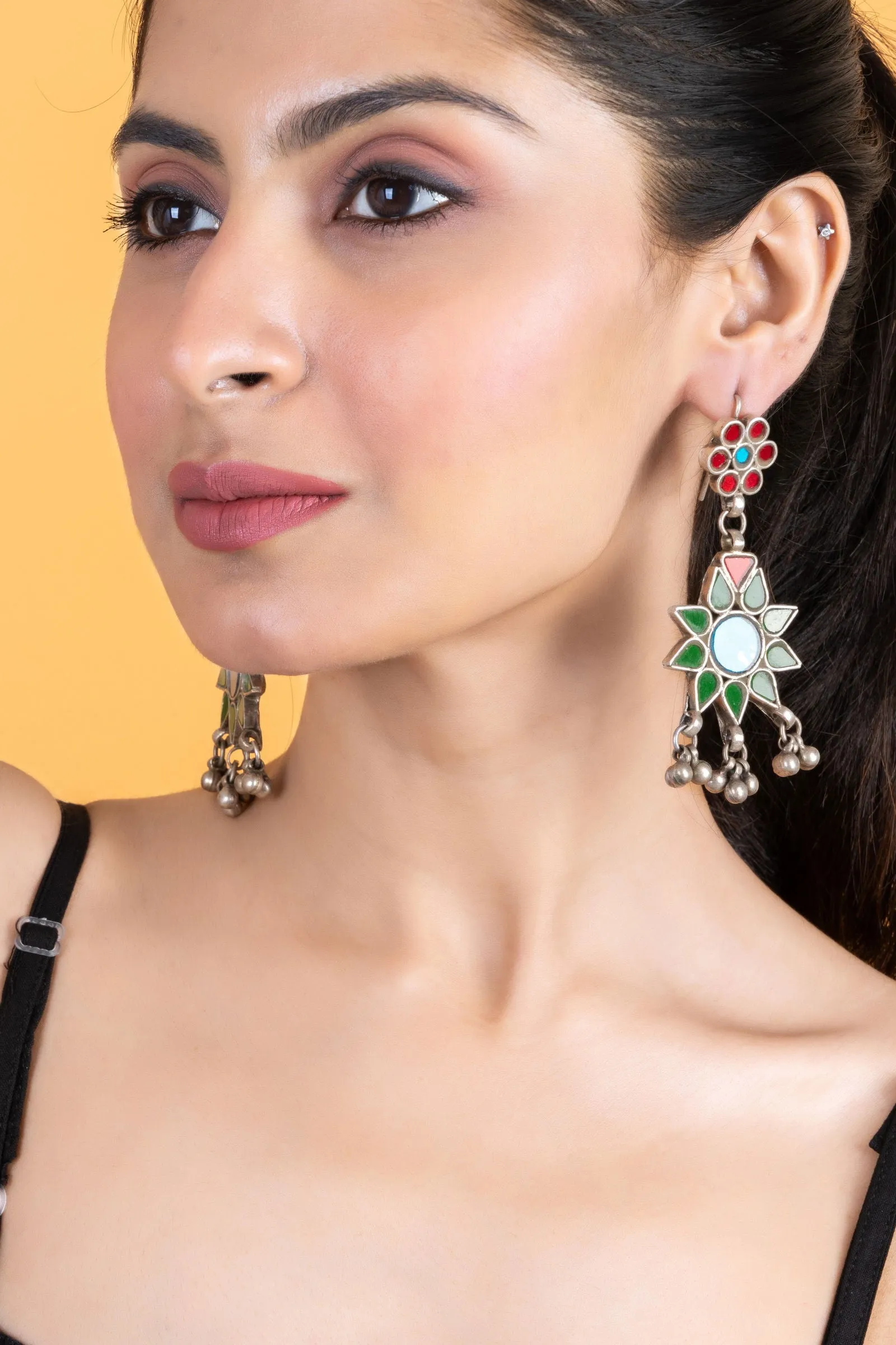 Intricate Red, Blue, Green Floral Glasswork Afghan Replica Dangler Earrings for Global Elegance