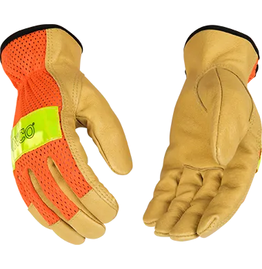 Kinco 909 High-Vis Nylon Fabric Mesh Back Golden Grain Pigskin Palm Elastic Wrist, 3M Scotchlite Reflective Knuckle Strap Keystone Thumb Gloves (One Dozen)