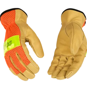 Kinco 909 High-Vis Nylon Fabric Mesh Back Golden Grain Pigskin Palm Elastic Wrist, 3M Scotchlite Reflective Knuckle Strap Keystone Thumb Gloves (One Dozen)