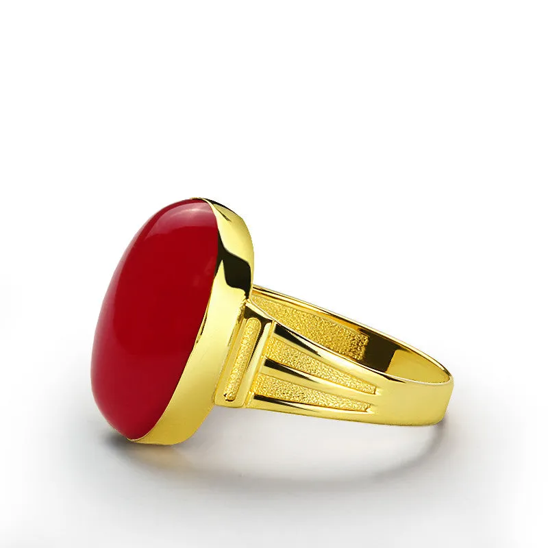 Men's Ring 10k Gold with Natural Red Agate Statement Ring