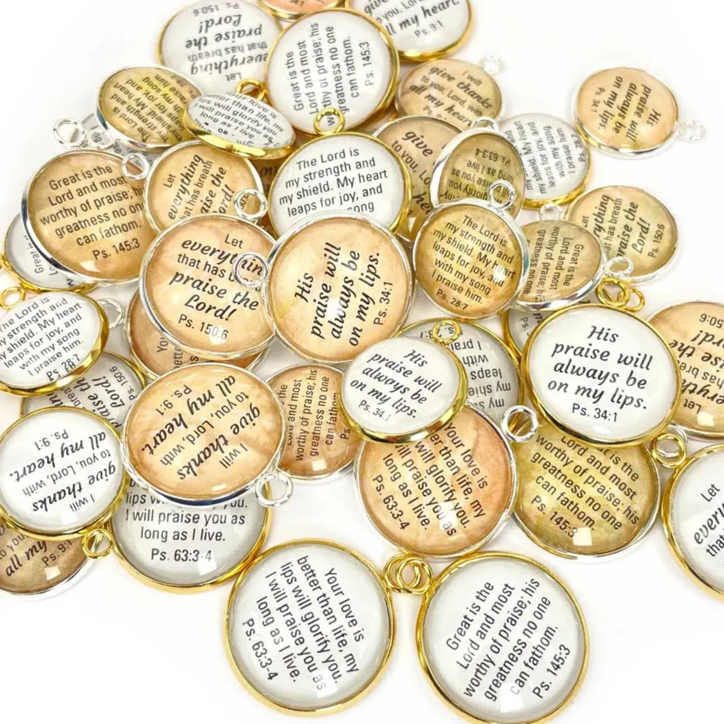 Praise the Lord! Set of 6 Psalms Scripture Charms for Jewelry Making – 16 or 20mm, Silver, Gold – Bulk Christian Jewelry Charms