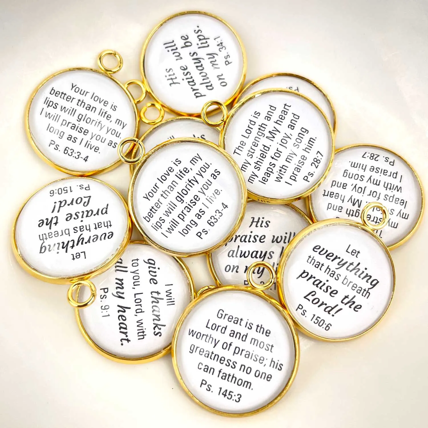 Praise the Lord! Set of 6 Psalms Scripture Charms for Jewelry Making – 16 or 20mm, Silver, Gold – Bulk Christian Jewelry Charms