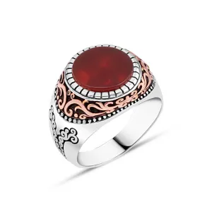 Small Circle Red Agate Stone Silver Men's Ring with Wavy Top Pattern