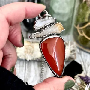 Three Stone Clear Quartz Yellow Citrine Red Carnelian Necklace in Fine Silver / Foxlark Collection - One of a Kind Jewelry /