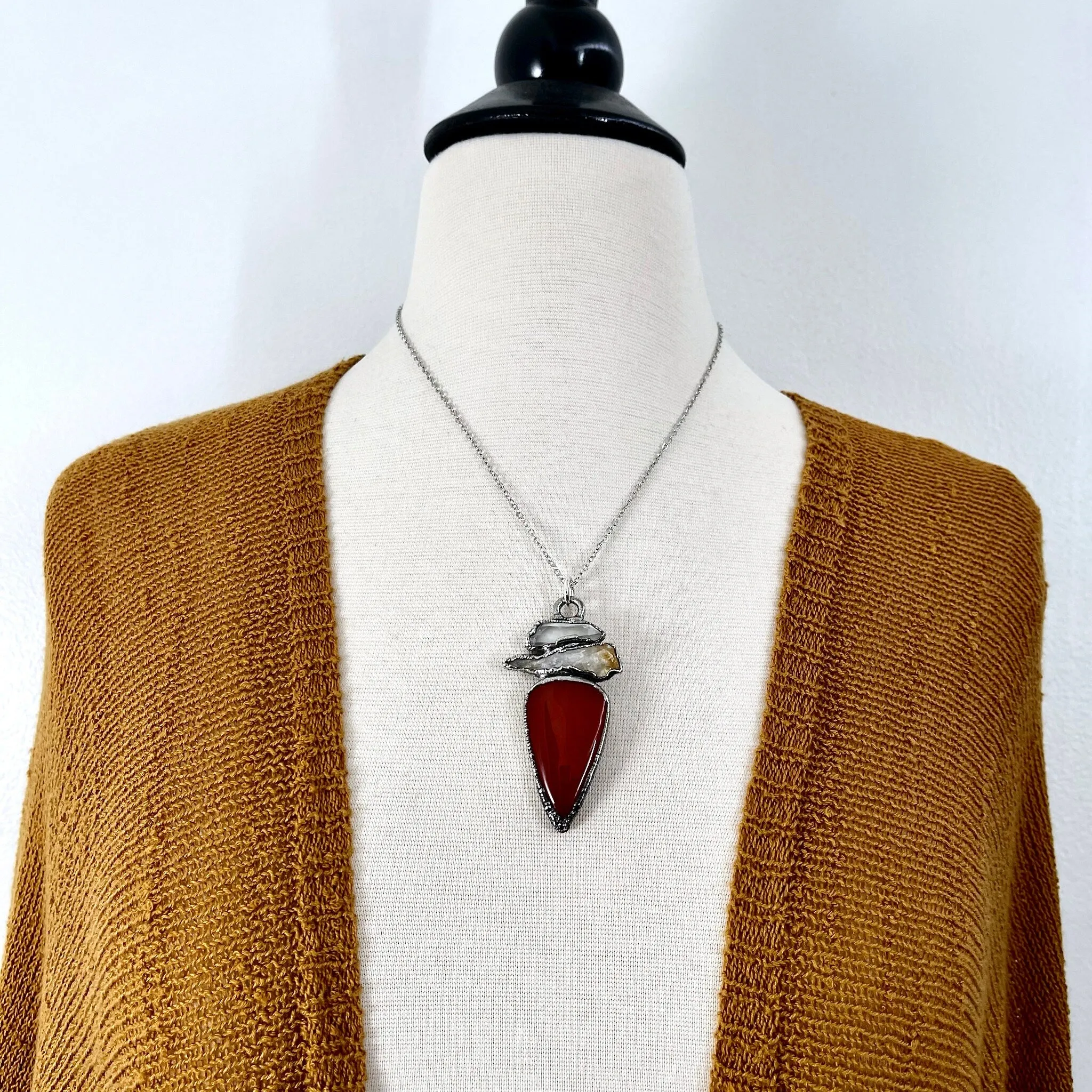 Three Stone Clear Quartz Yellow Citrine Red Carnelian Necklace in Fine Silver / Foxlark Collection - One of a Kind Jewelry /